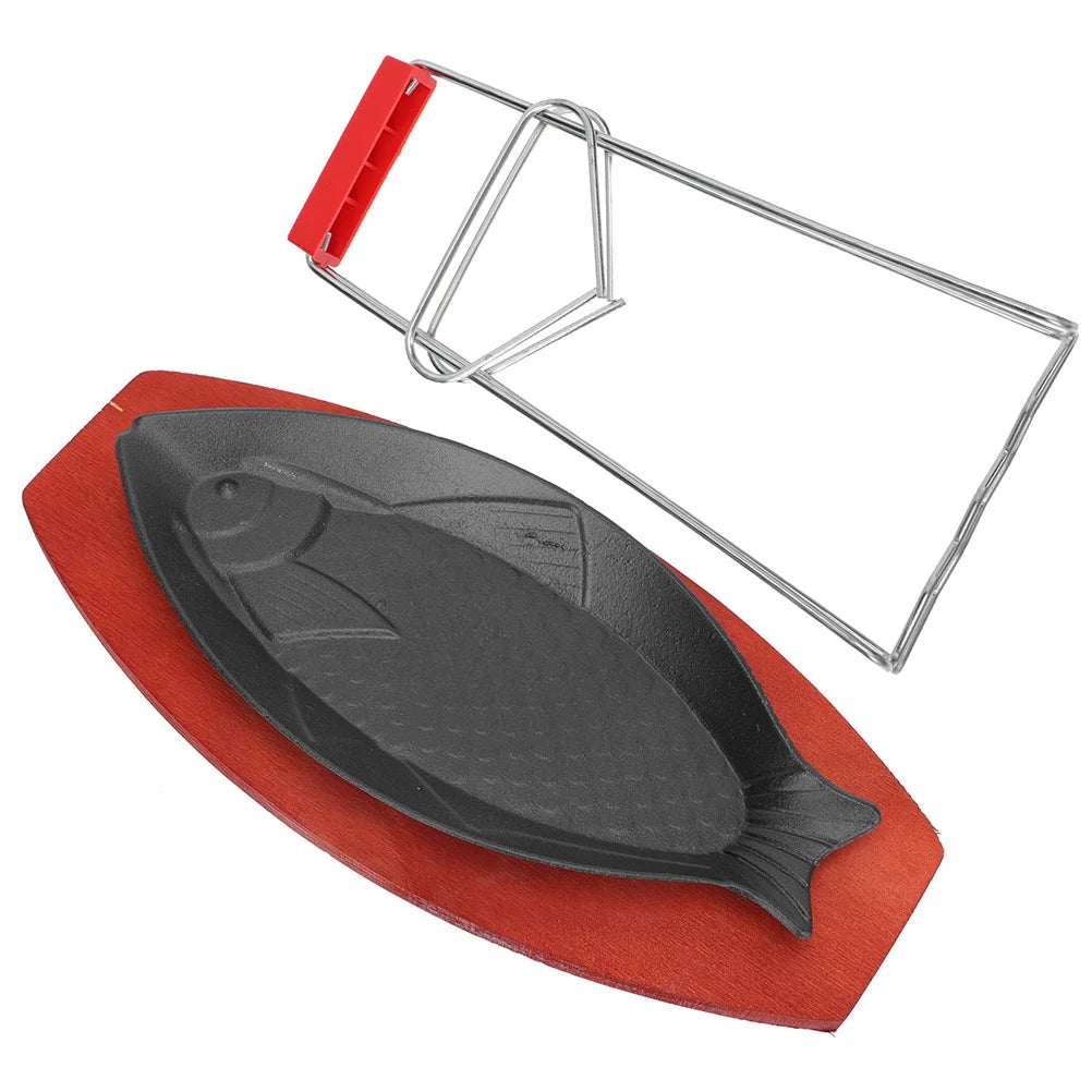 1Set Fish Shaped Grilled Pan High Grade Iron Wood Steak Plate Western Food Serving Tray Hotel Baking Tray Grill Pan Non-Stick
