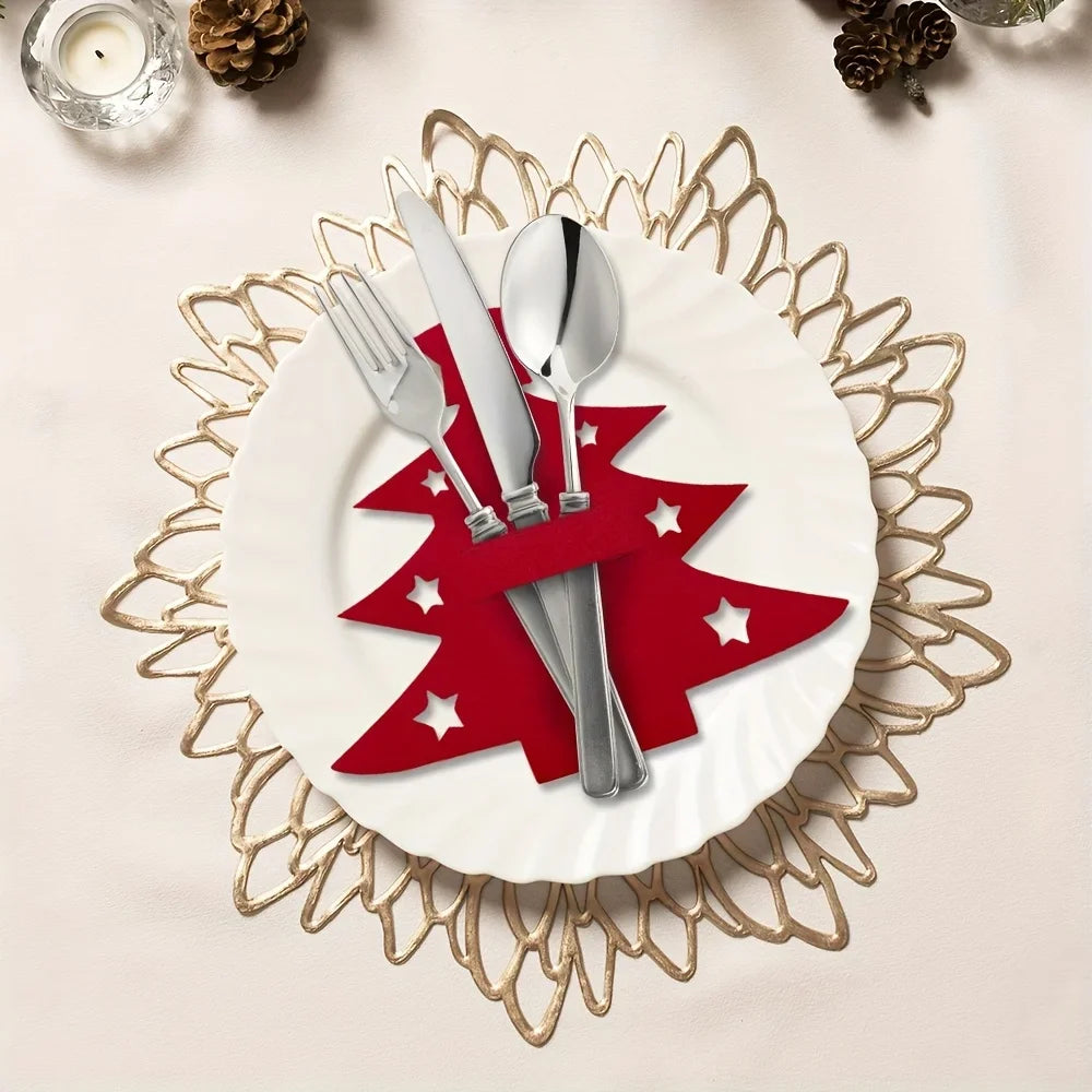 12pcs Christmas Tree Placemats Felt Fork and Spoon Bag Set Suitable for Christmas and Other Holiday Party Table Decoration