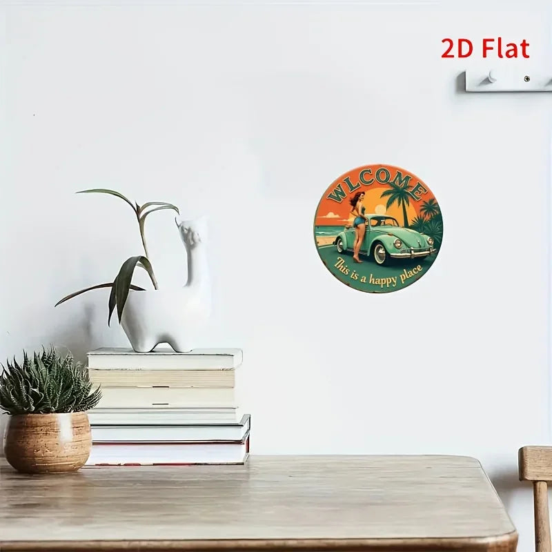 Vintage Metal Wall Art  Retro Beach Scene with Classic Car & Palm Trees, "Welcome" Sign for Home, Bar, Office, Restaurant,Decor