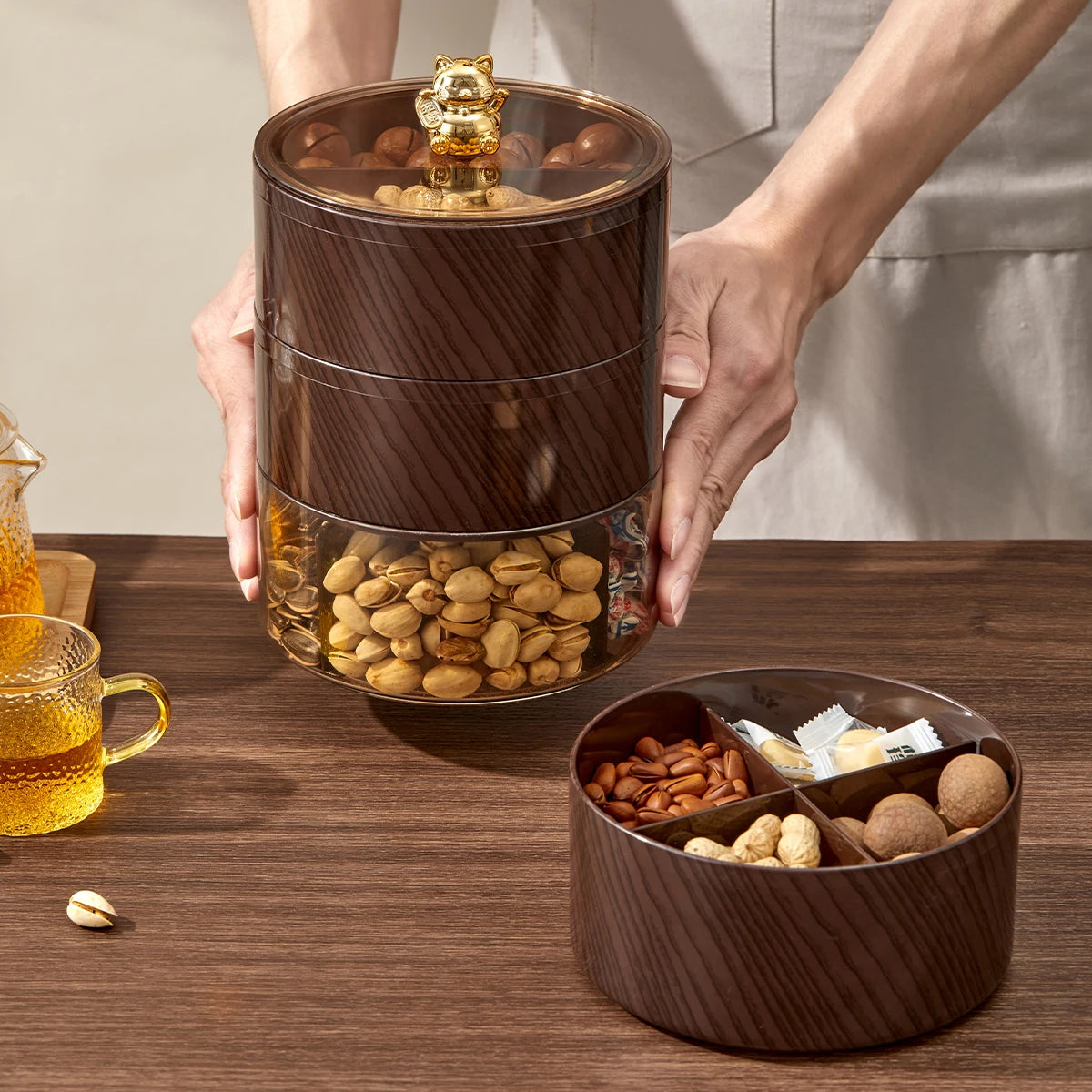 WORTHBUY Round Plastic Food Serving Tray With Lid 1/2/3 Layer Snack Fruit Tray Divided Dried Fruit Candy Storage Box For Kitchen