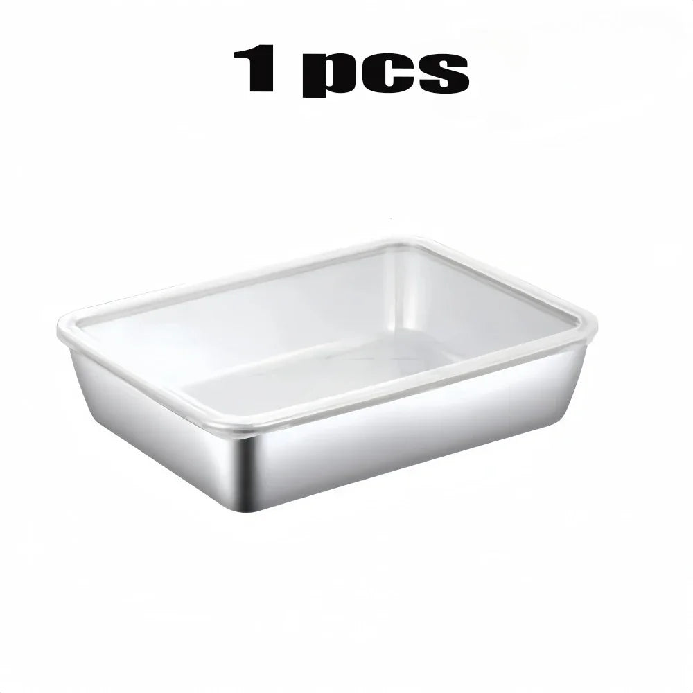Thickened Square Plate Stainless Steel Rectangular Food Storage Pan With Lid Commercial Dish Tray Freshing Lunch Box Container