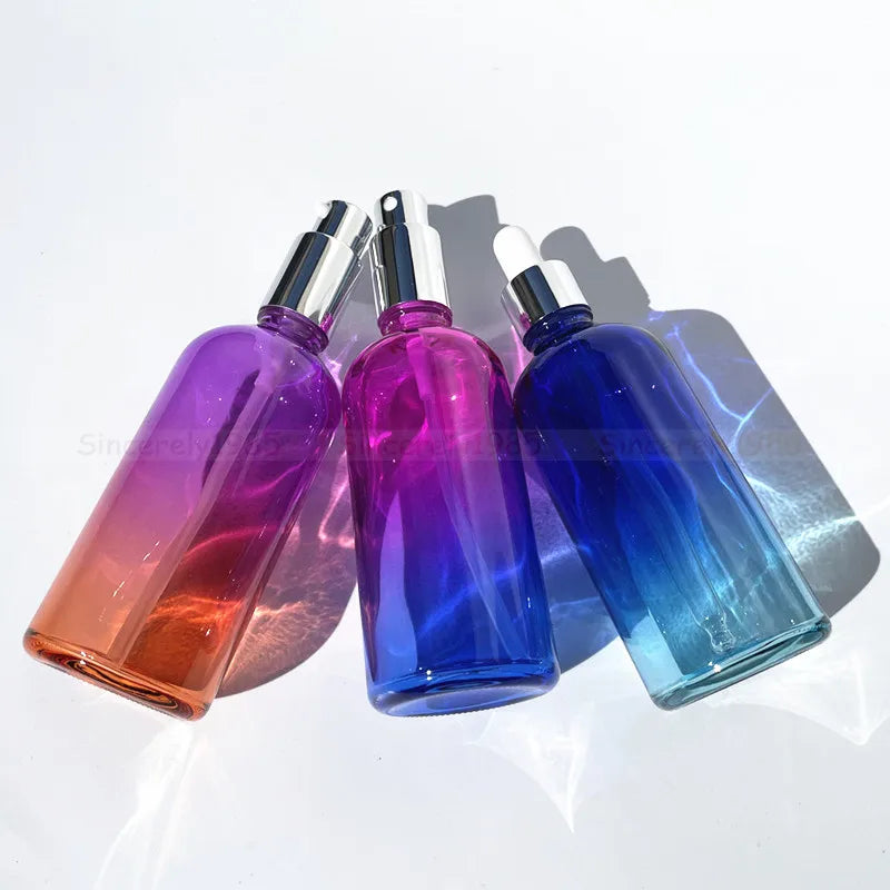 1X 3x 100ml Gradient Color glass bottle with Silver Perfume Sprayers, Essential Oil Glass Droppers, Serum Cream Pump
