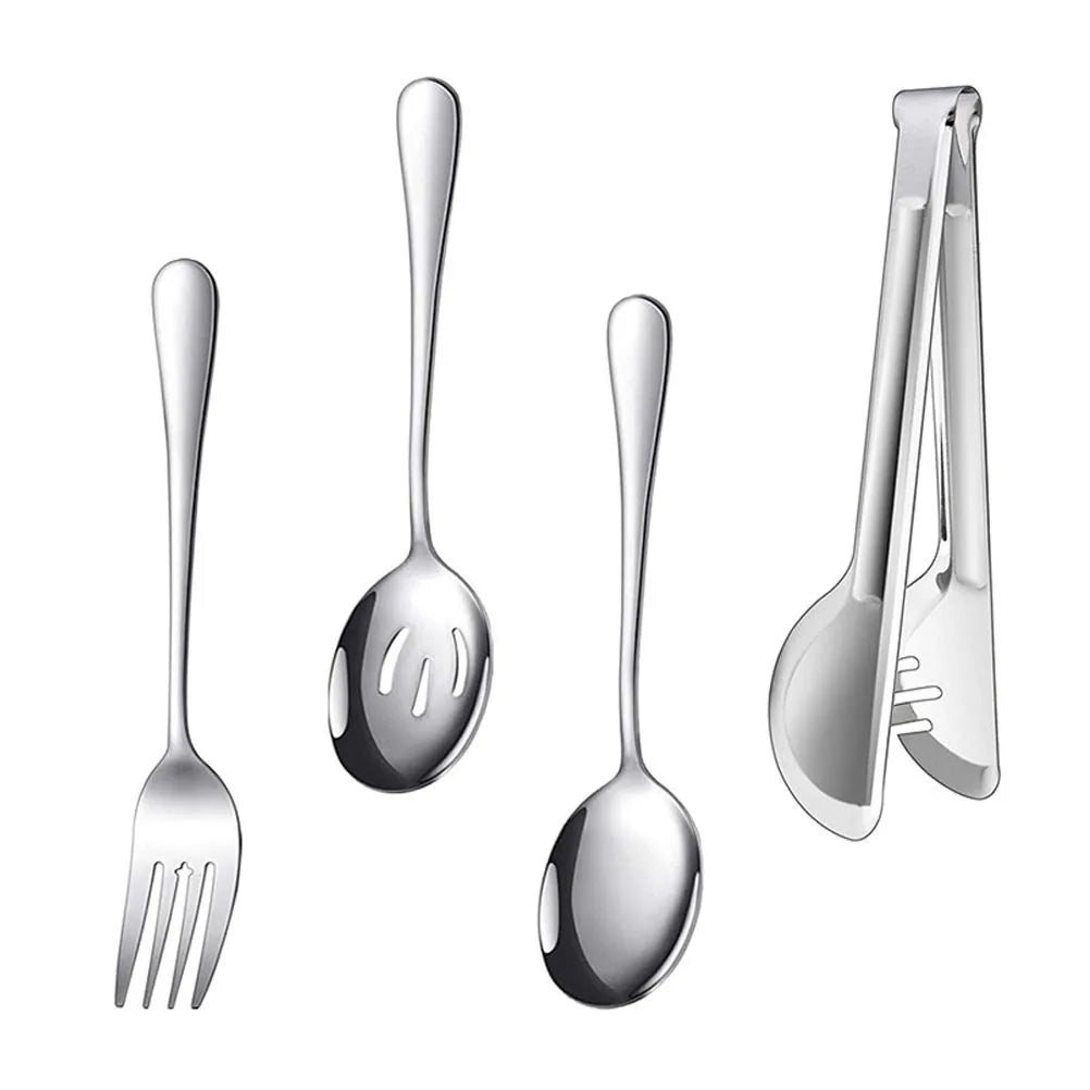 1 set 1 Set Stainless Steel Flatware Set Compact Food Tong Spoon Fork For Outdoor Bbq Restaurant Home Hotel Buffet Party Kitchen