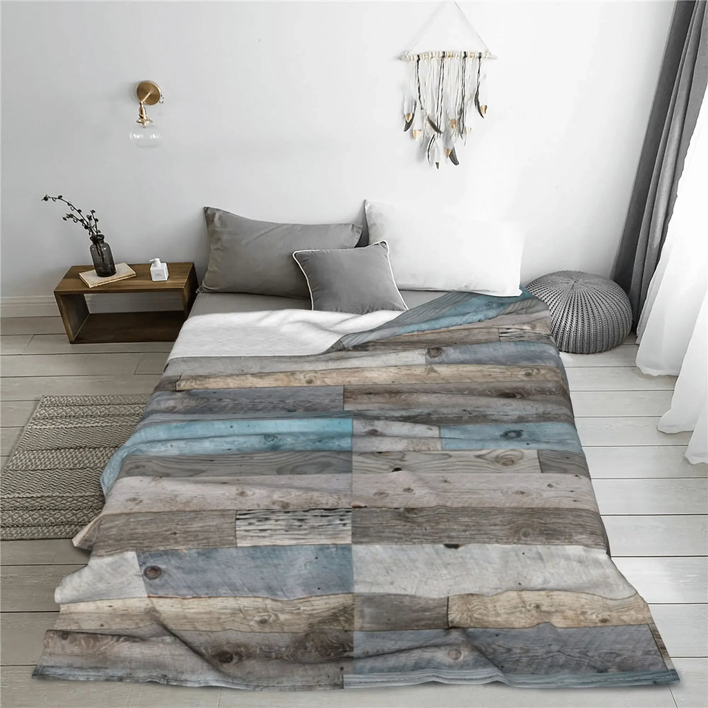 Rustic Countryside Farmhouse Print Blanket Warm Cozy Fluffy Pale Faded Wood Planks Printed Throw Blankets for Bed Multiple Sizes