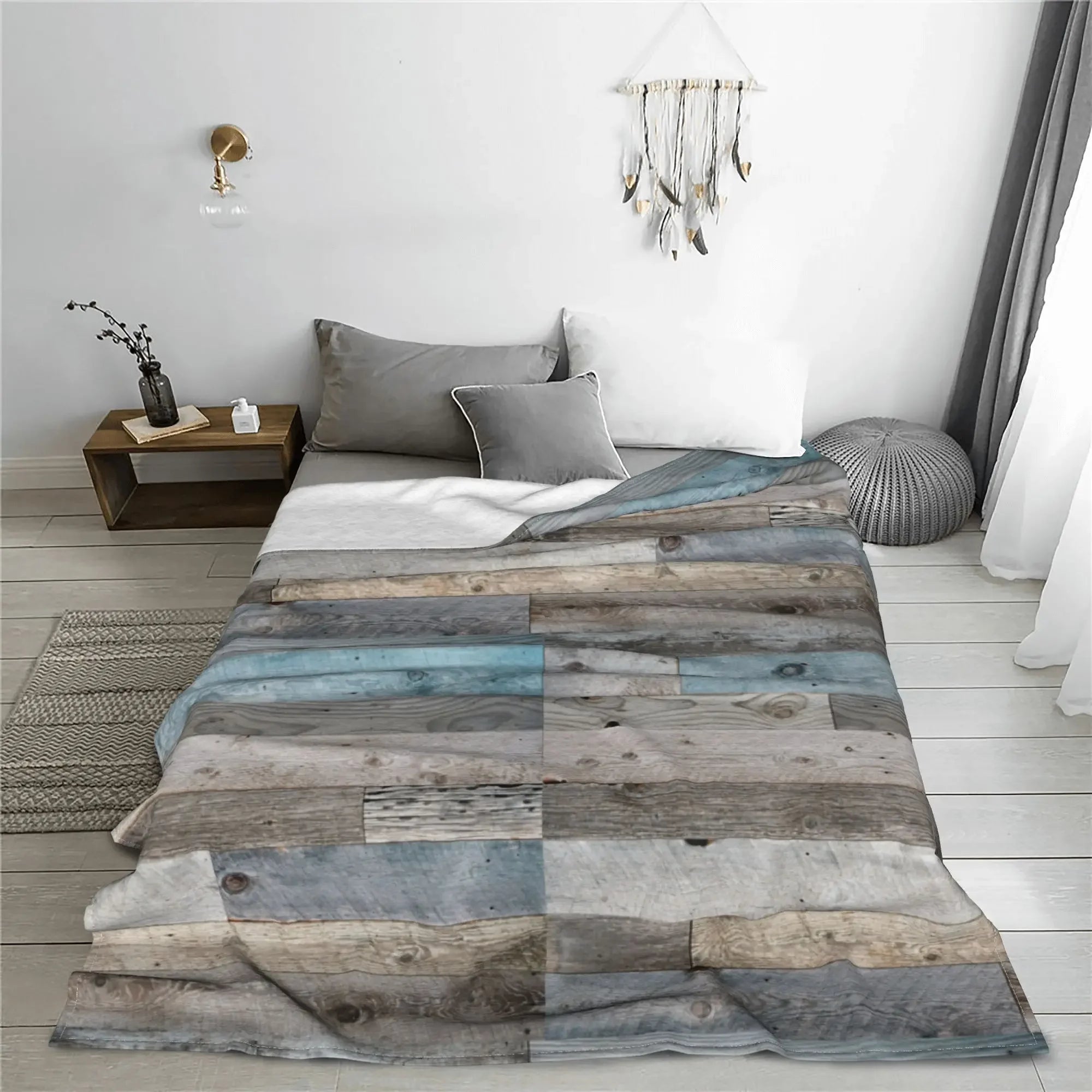 Rustic Countryside Farmhouse Print Blanket Warm Cozy Fluffy Pale Faded Wood Planks Printed Throw Blankets for Bed Multiple Sizes
