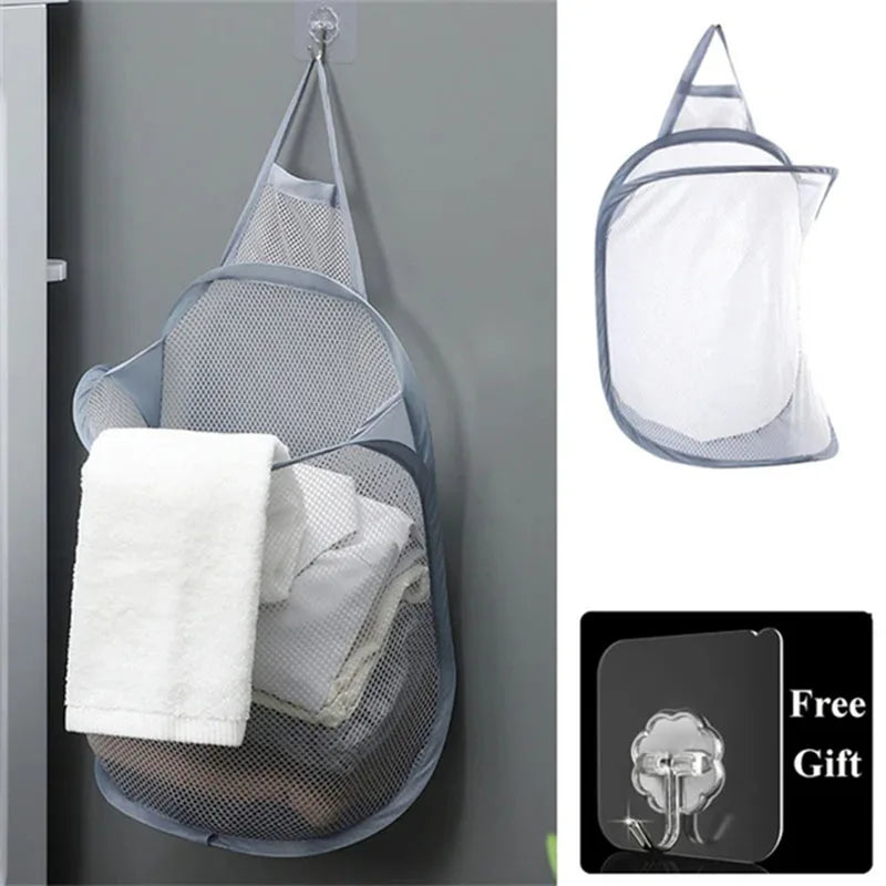 Wall Hanging Dirty Clothes Storage Basket Bathroom Foldable Clothes Baskets Dirty Clothes Net Pocket Laundry Organzier Mesh Bag