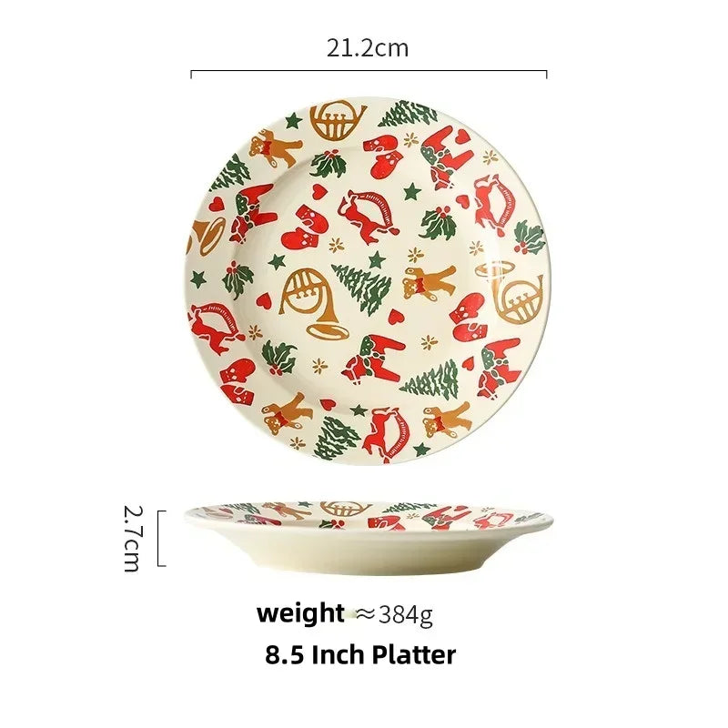Christmas Ceramic Tableware Retro Bowls Plates Water Cup Breakfast Dessert Noodle Bowls Coffee Milk Cup Microwaveable Xmas Gift