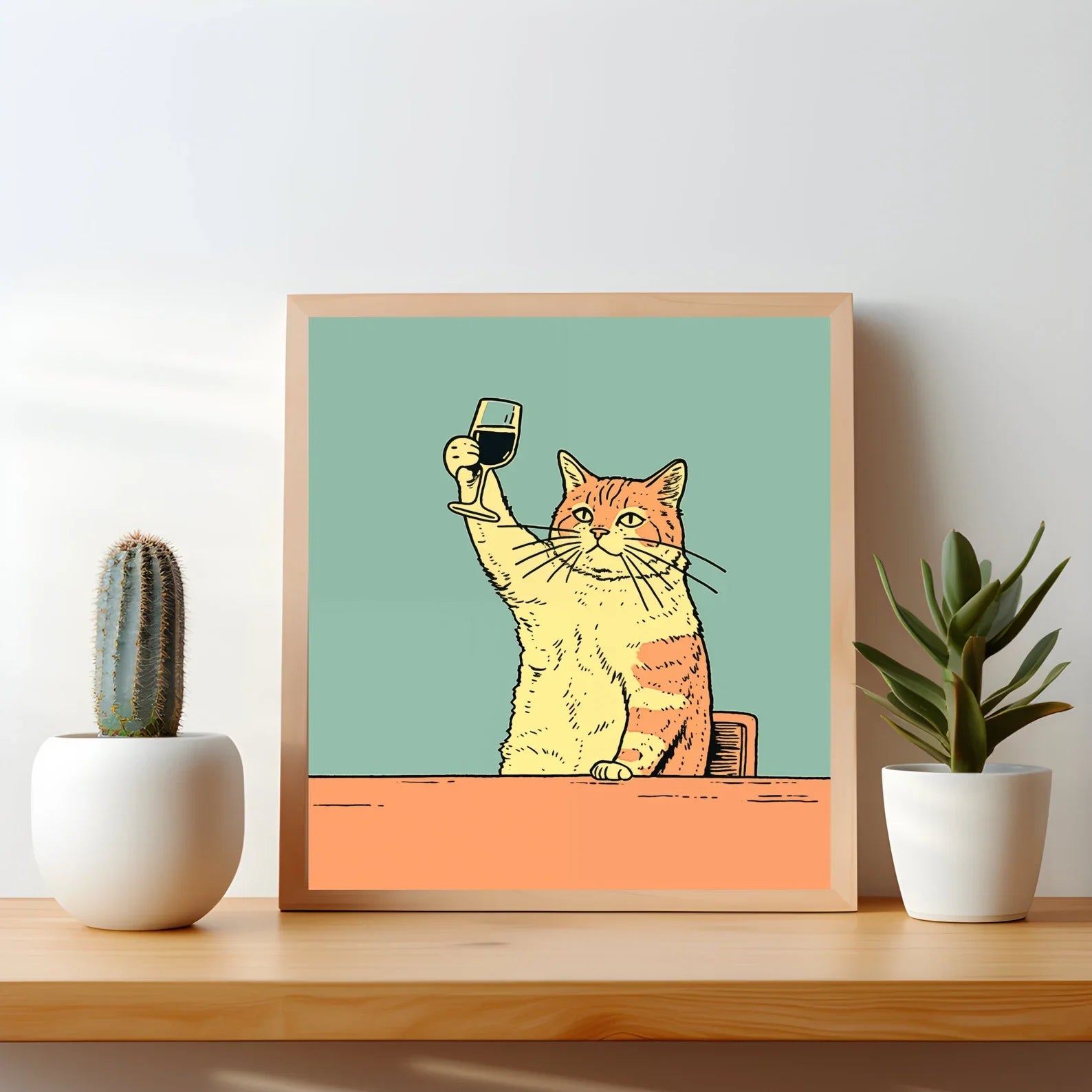 Funny Wine Cat Poster: Quirky Bar Cart Art for Bar Decor Cat Drinking Print Funny Cat Poster Yellow Wall Decor Gift for love