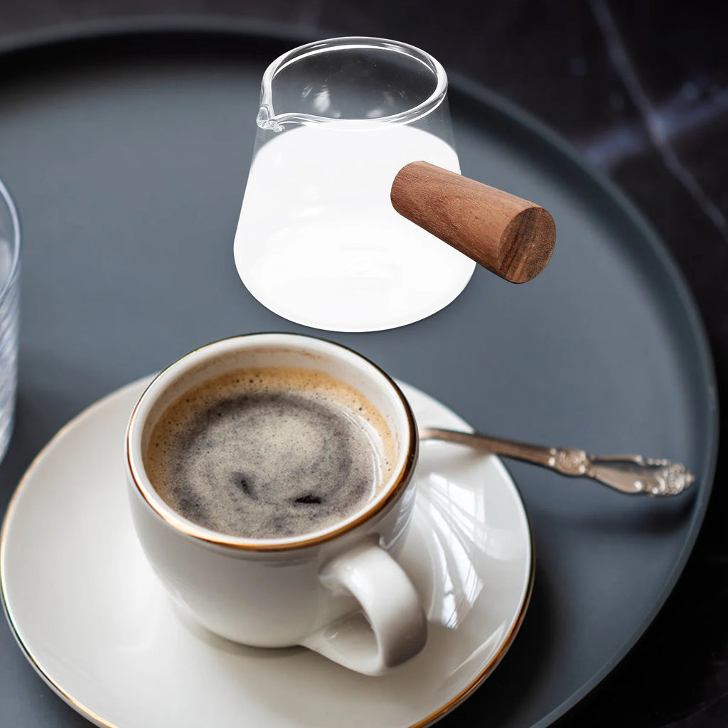 Glass Milk Creamer Pitcher Wood Handle Elegant Design No Drip Mouth Suitable for Coffee Dairy and Tableware Milk Pitcher Cup