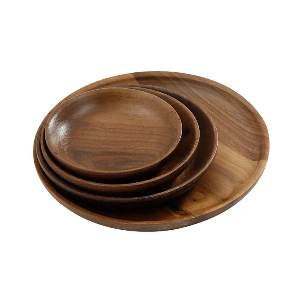 1 pc Round Wood Serving Plate Japanese Style Eco Friendly Black Walnut Dinnerware Tray For Appetizers Decorative Plates