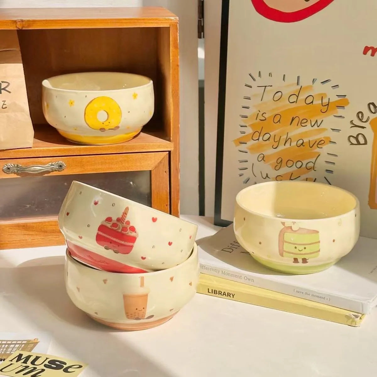 Cute Ceramic Bowl Household 4.5 Inch Cartoon Cake Pattern Instant Noodles Bowls Aesthetic Underglazed Colour Dinner Tableware