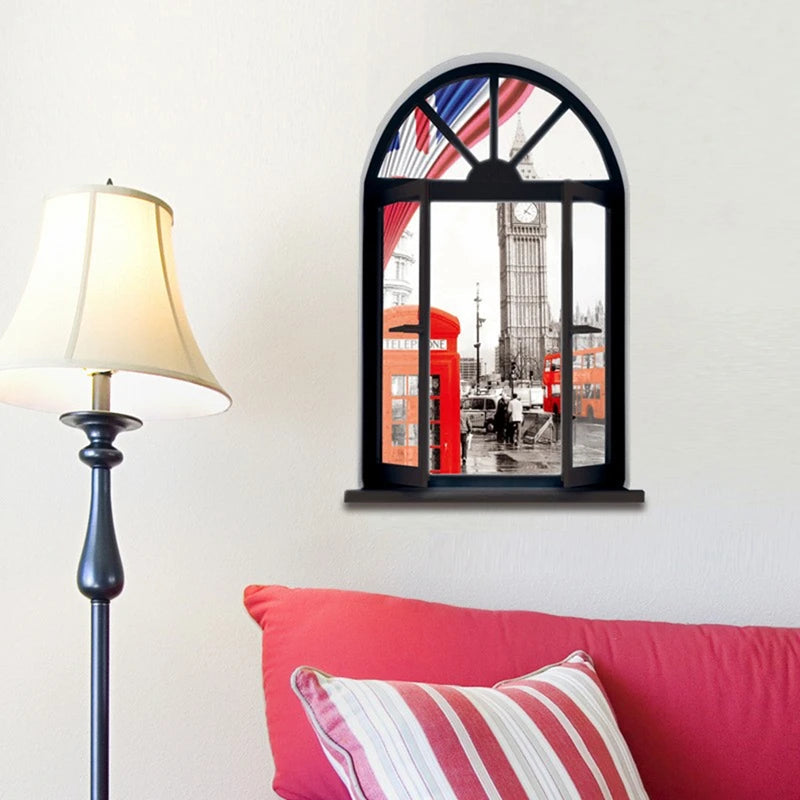 London City Street View Mural Clock Tower Telephone Booth Window Art Wall Stickers for Vintage Home Decoration Aesthetic Rooms