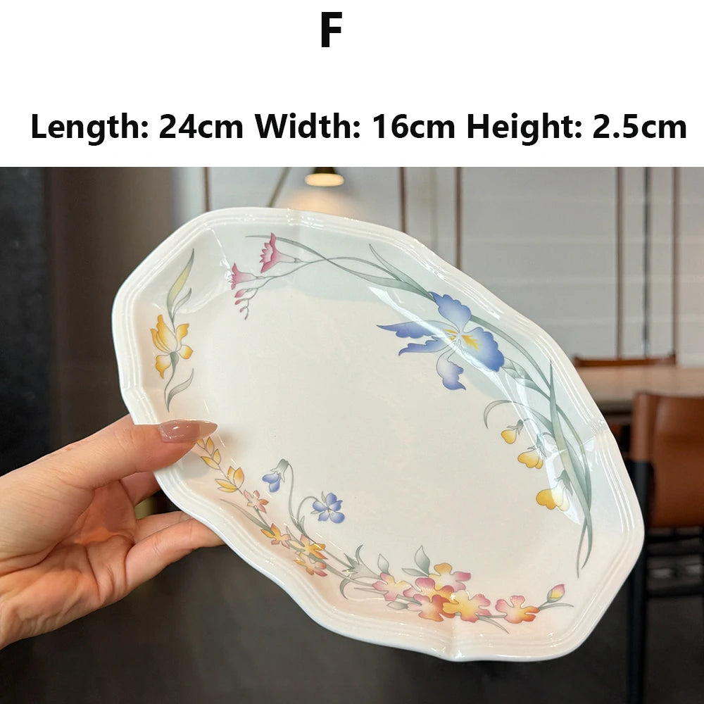 Floral Ceramic Dinner Set French Style Plates Oval Serving Bowls Unique Artistic Tableware For Daily Home Use Dining