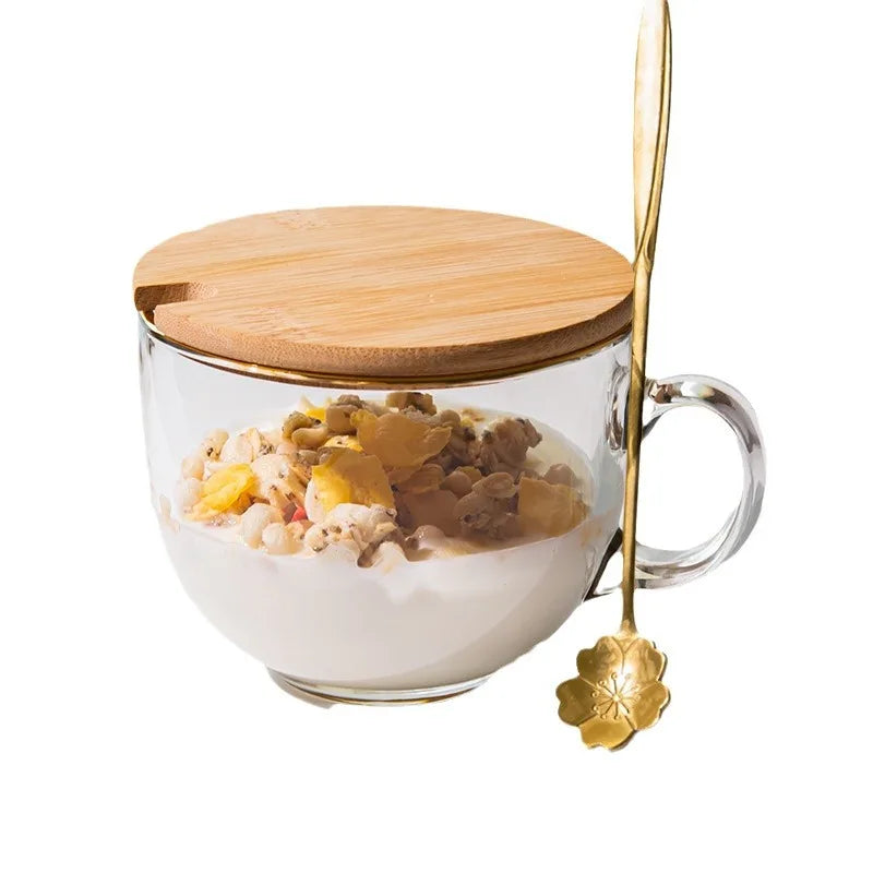 480ml Transparent Creative Glass Coffee Tea Mug Drinks Dessert Breakfast Milk Cup Glass Mugs Handle Drinkware With Cup Lid Spoon