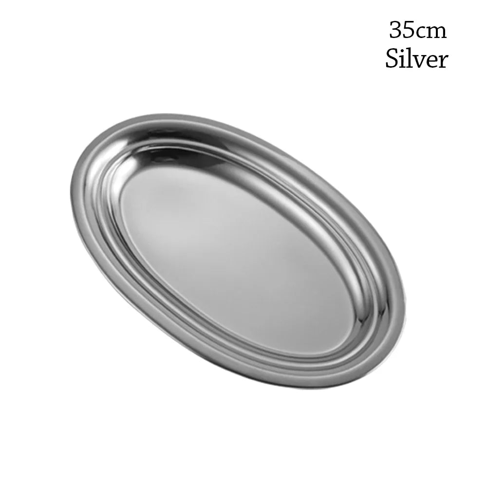 Durable 304 Stainless Steel Food Storage Serving Tray Multi-Size Ellipse Baking tray Large Capacity BBQ pan for Cooking Serving