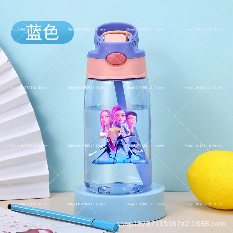 KPop Demon Hunters Drinking Glass Large Capacity Portable Plastic Mug Kids Cartoon Cute Sports Straw Drinking Cup Water Bottle
