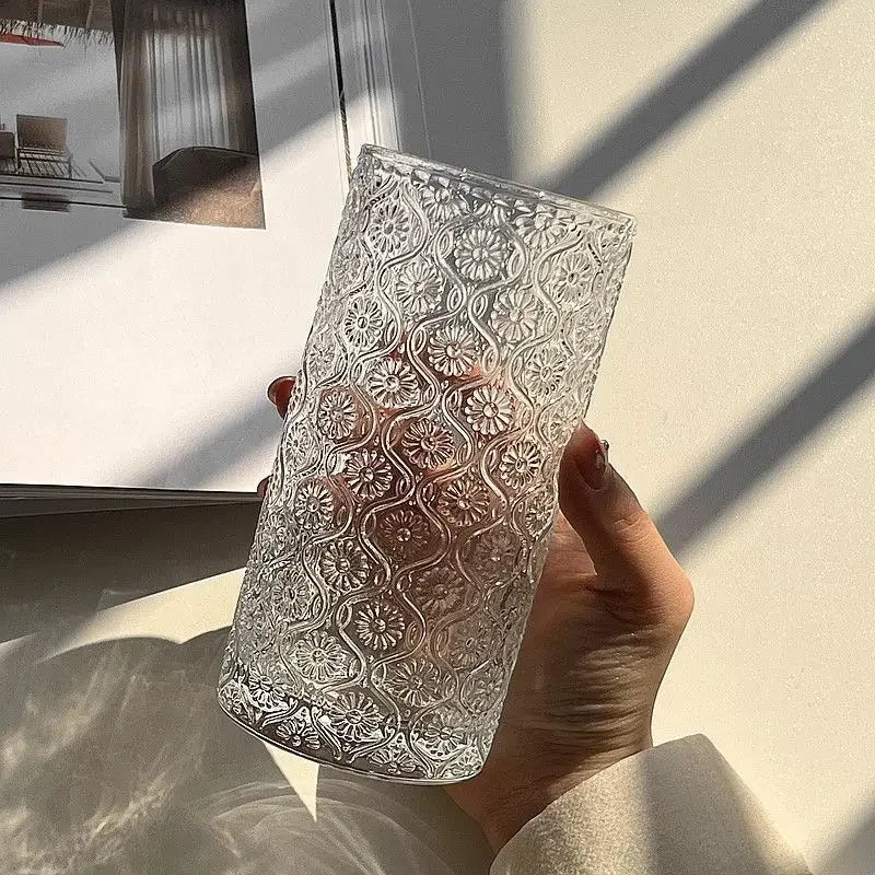 Ins Begonia Carved Glass Simple Ice American Latte Cup Milk Drink Cup Household Water Cup