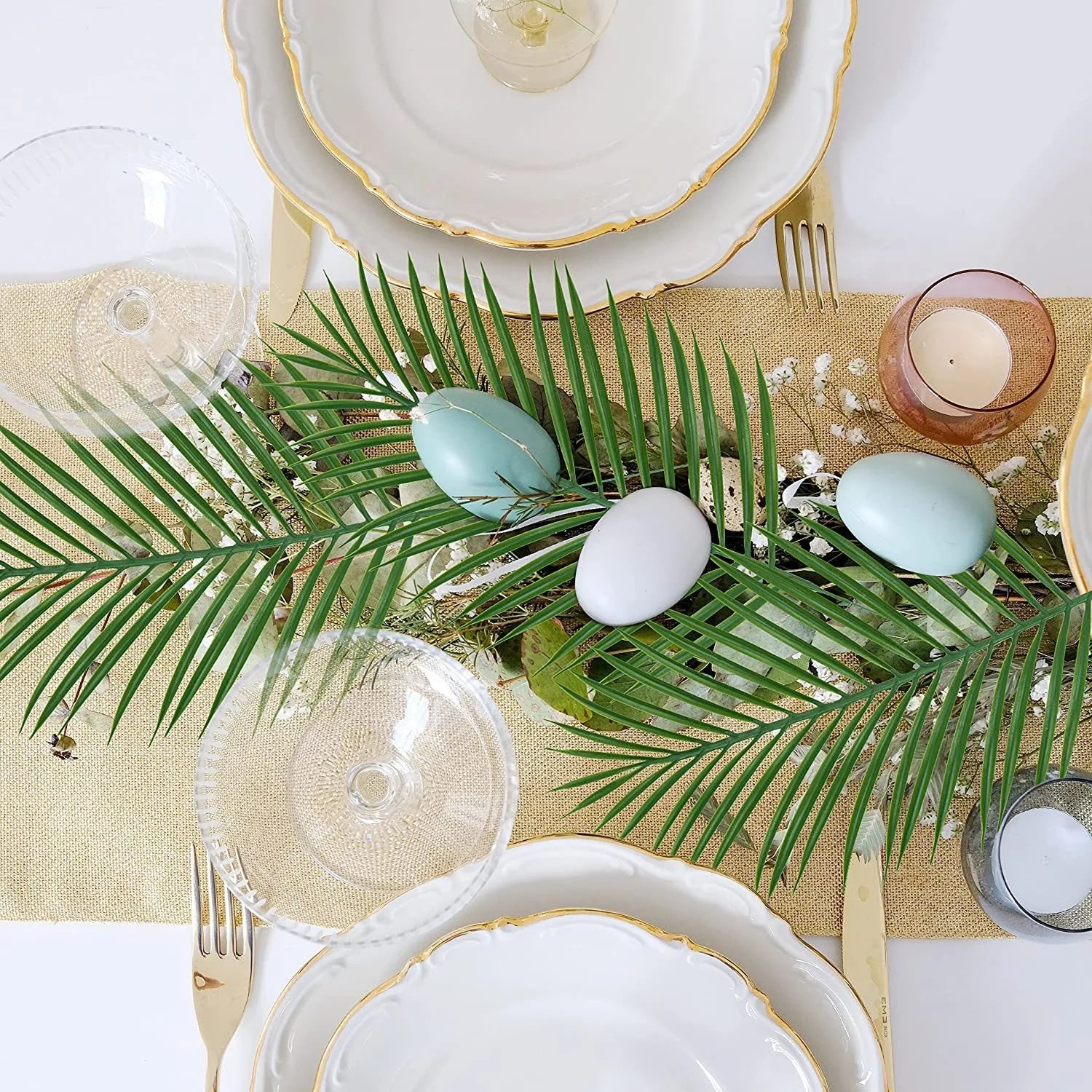 5pcs Golden Artificial Palm Leaves Fake Tropical Plants Faux Flowers For Indoor Outdoor Home DIY Vase Filler Wedding Party Deco