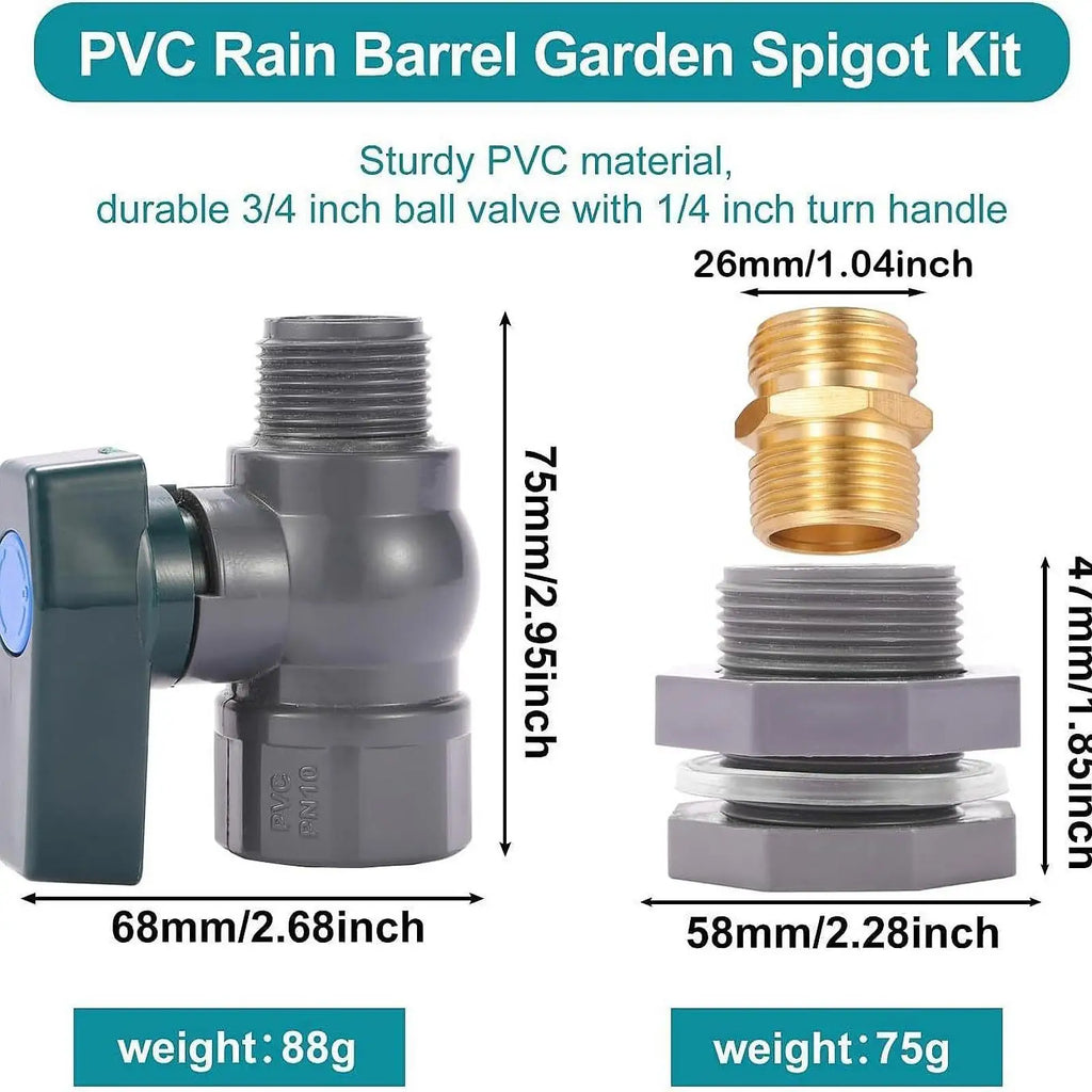 Water Barrel PVC Garden Diverter Kit Garden Faucet Kit 3/4" PVC Bulkhead Fitting