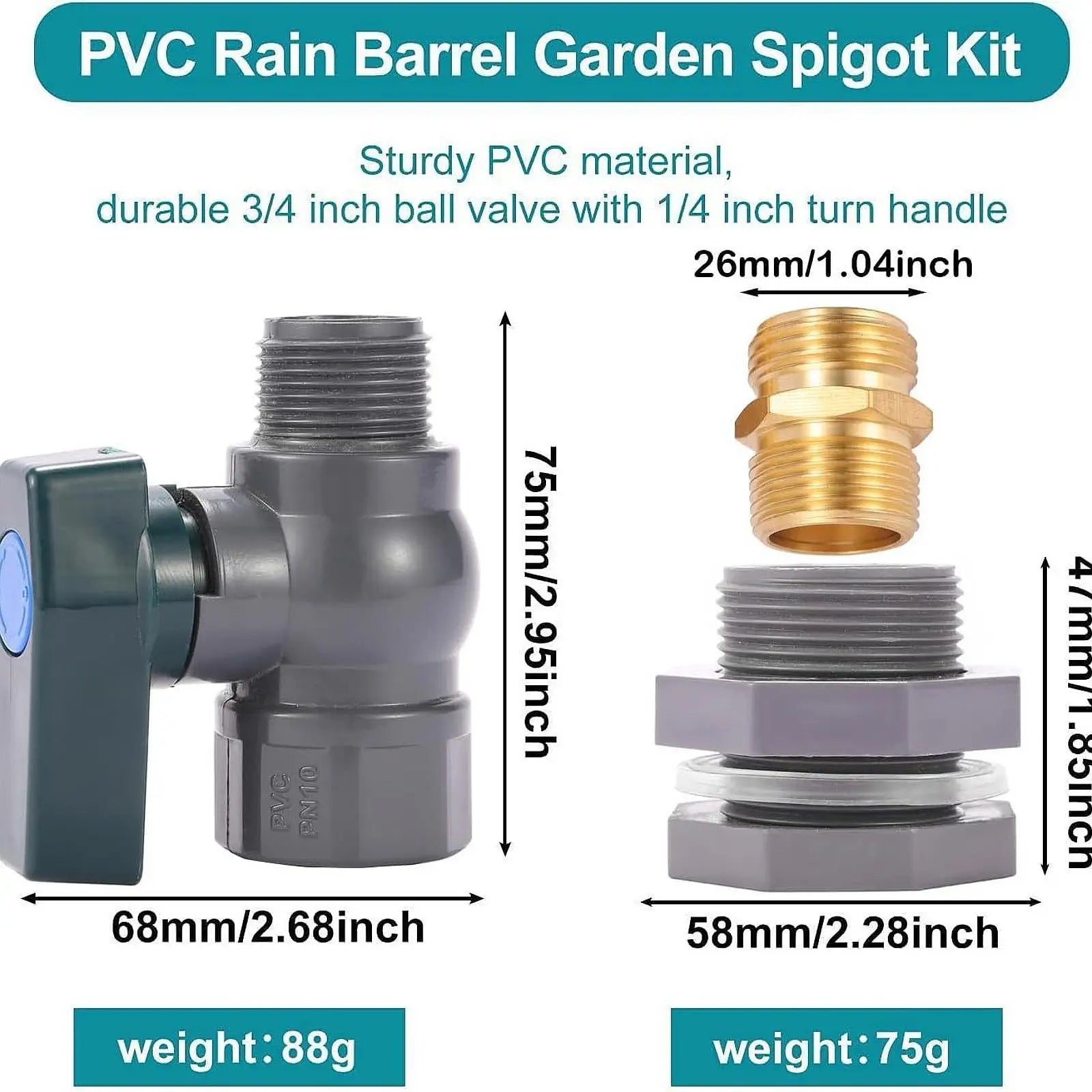 Water Barrel PVC Garden Diverter Kit Garden Faucet Kit 3/4" PVC Bulkhead Fitting