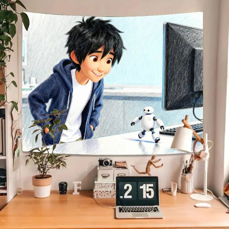 1PC Big Hero 6 Hiro Hamada Baymax Anime Tapestry, Modern Polyester Wall Art Decor for Kids Room Bedroom Dorm, Movie Fan Gift