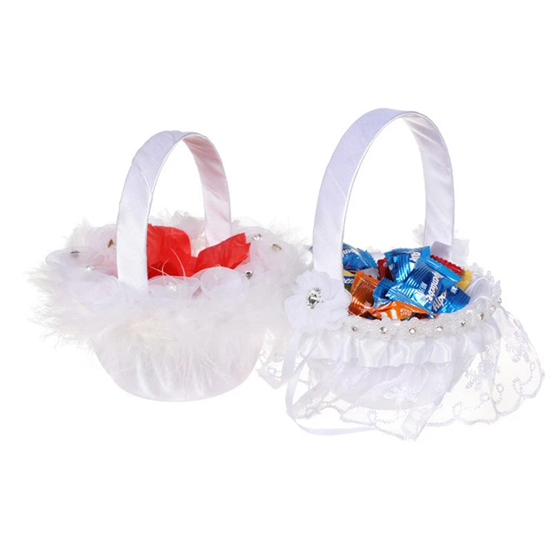 Wedding Flower Basket Bridesmaid Lace White Flower Girl Basket Vintage Rustic Wedding Ceremony Bridal Shower Table Decorations