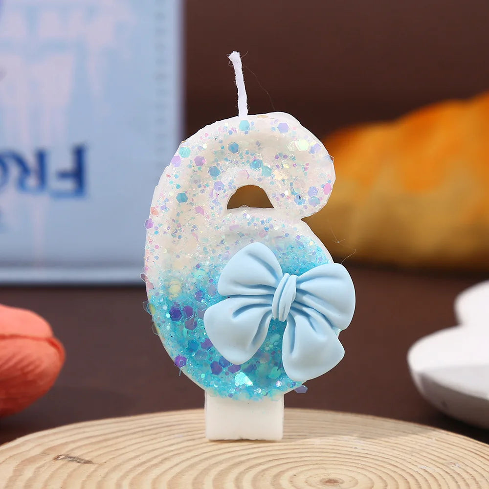 Blue and White Color Block Sequin Bow Digital Candle Birthday Party Cake Candle Creative Super Shiny Candle