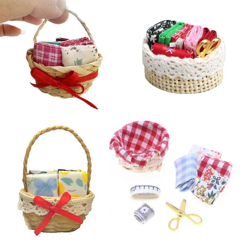 1/12 Dollhouse Simulation Mini Woven Fabric Basket Dollhouse Sewing Scene Decoration Accessories Dolls House Photo Props