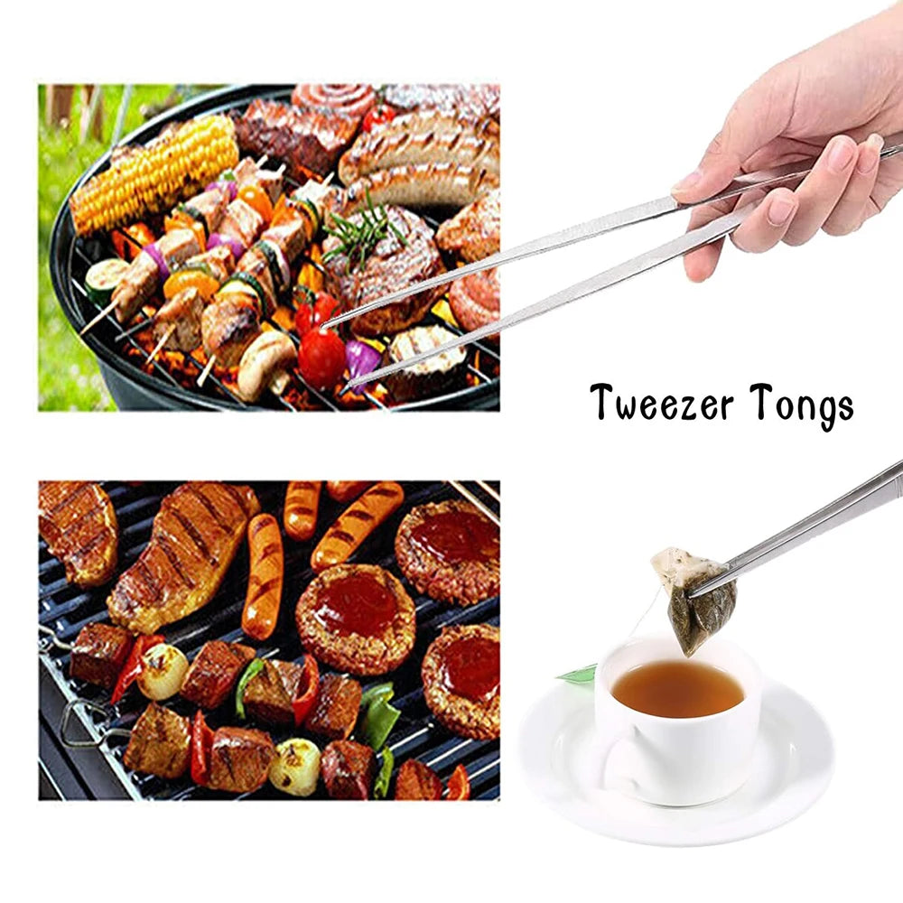 20CM/30CM Home Medical Garden Kitchen BBQ Tool Long Barbecue Food Tong Stainless Steel Straight Tweezer Toothed Tweezer