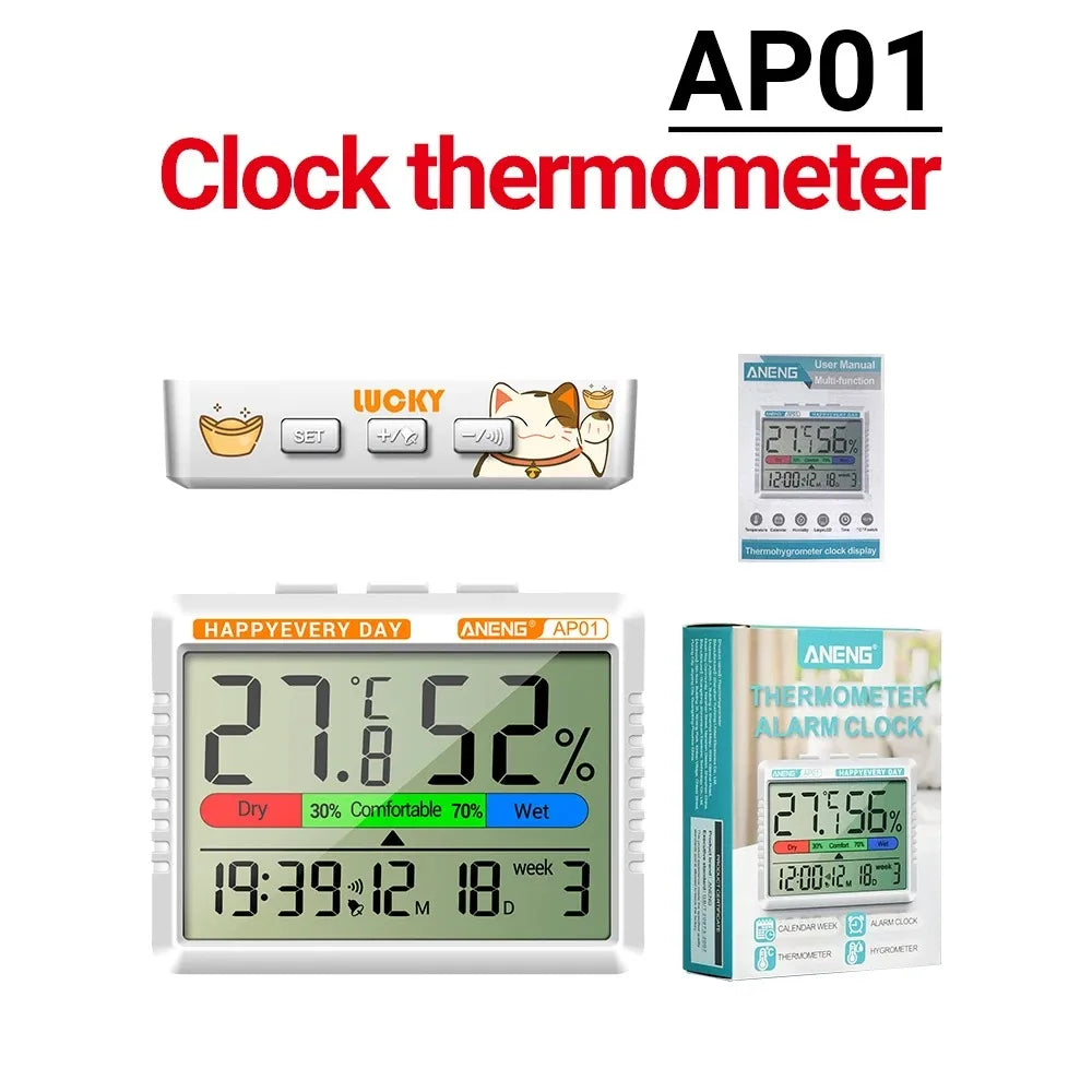 ANENG AP01 Digital Air Thermometer Hygrometer Desktop Alarm Clock Mini Table Thermohygrometer With High Definition Screen