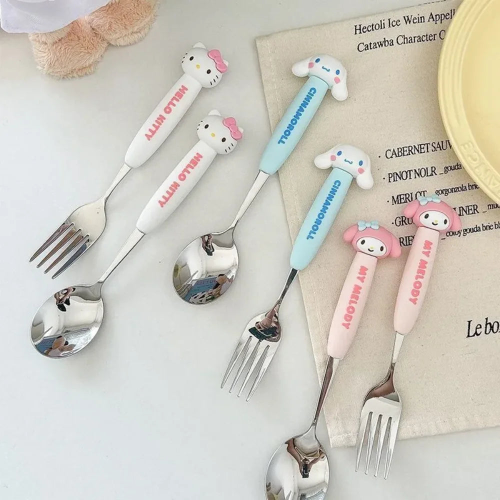 2Pcs/Set Sanrio Tableware Cute Cartoon Melody Cinnamoroll Students Stainless Steel Spoon Forks Two-piece Set Kitchen Supplies