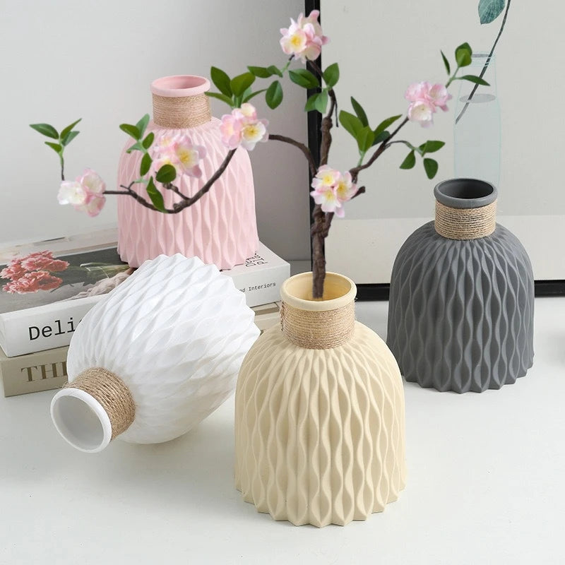 1PC Pineapple Pattern Twine Imitation Ceramic Plastic Vase Simple Water Wave Pattern Flower Arrangement Vase