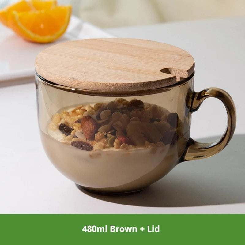 480ml Transparent Creative Glass Coffee Tea Mug Drinks Dessert Breakfast Milk Cup Glass Mugs Handle Drinkware With Cup Lid Spoon