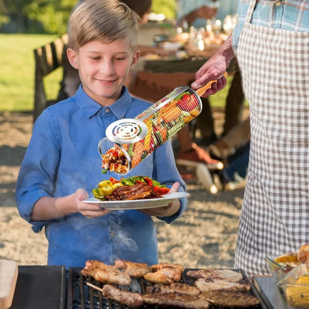 Nesting Grill Baskets 304 Stainless Steel Rolling Grilling Net Removable Wooden Handle BBQ Accessories Tools