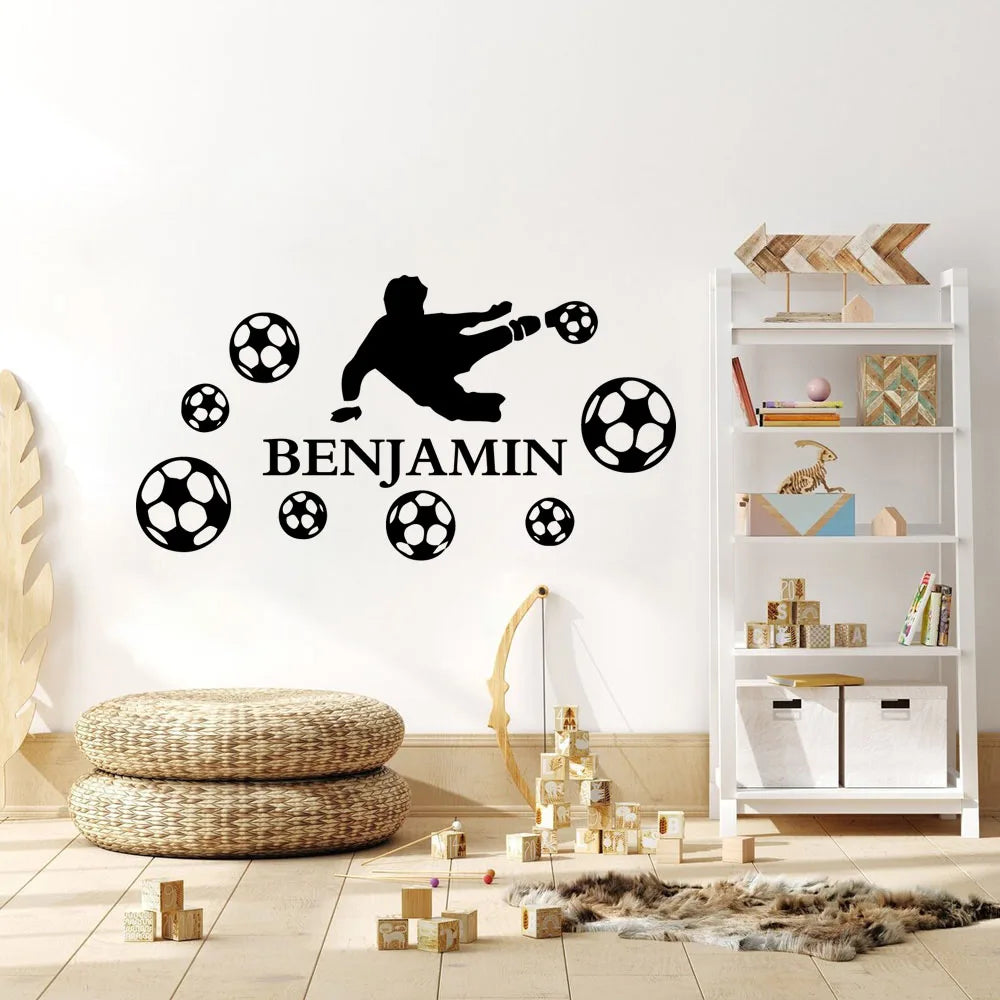1pc Fashion Custom Name Boy Playing Football Wall Stickers Waterproof Wall Art Decal Bedroom Decor Wall Decoration Murals
