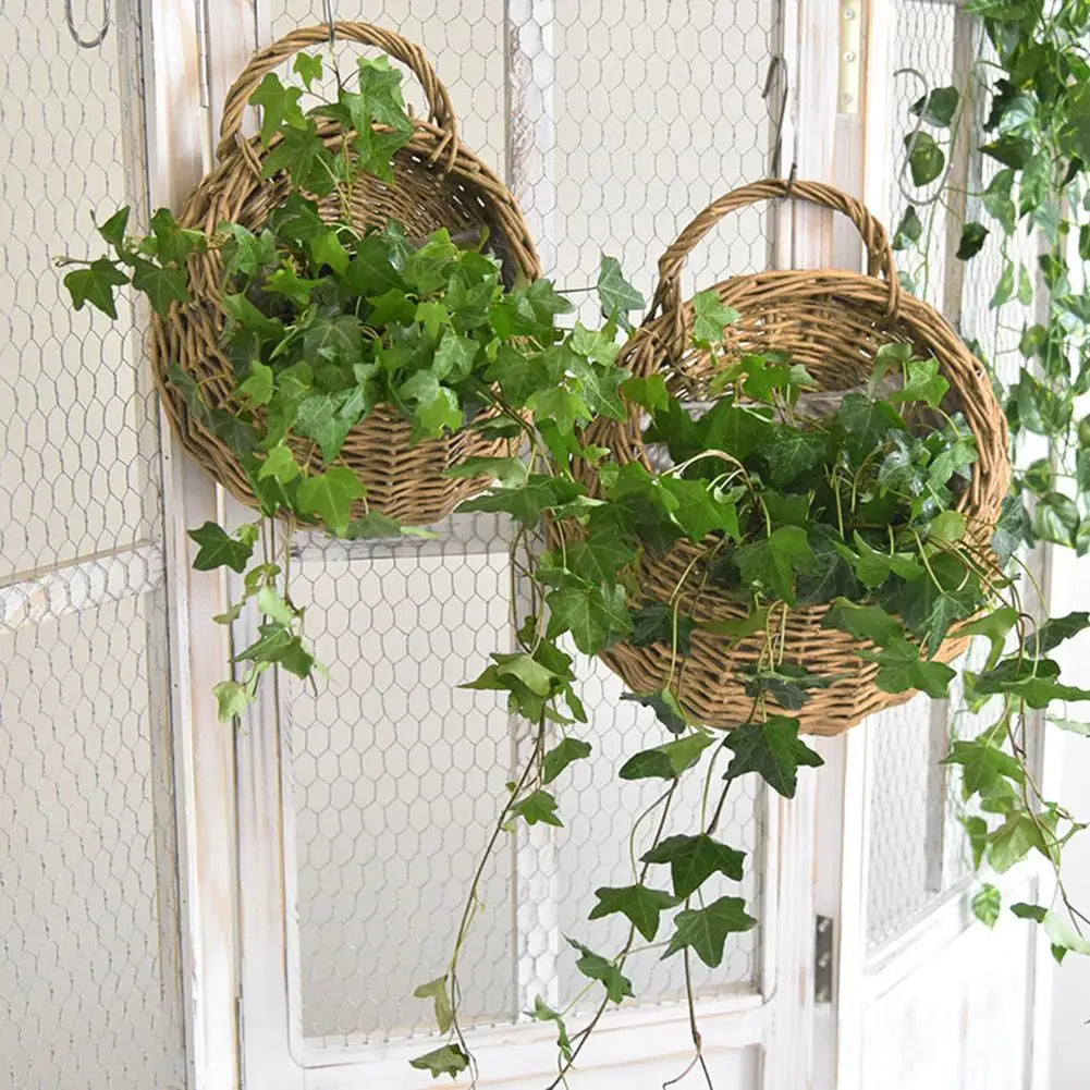 Hand Made Wicker Rattan Flower Planter Wall Hanging Wicker Rattam Basket Garden Vine Pot Plants Holder Garden Pots Wall Planter