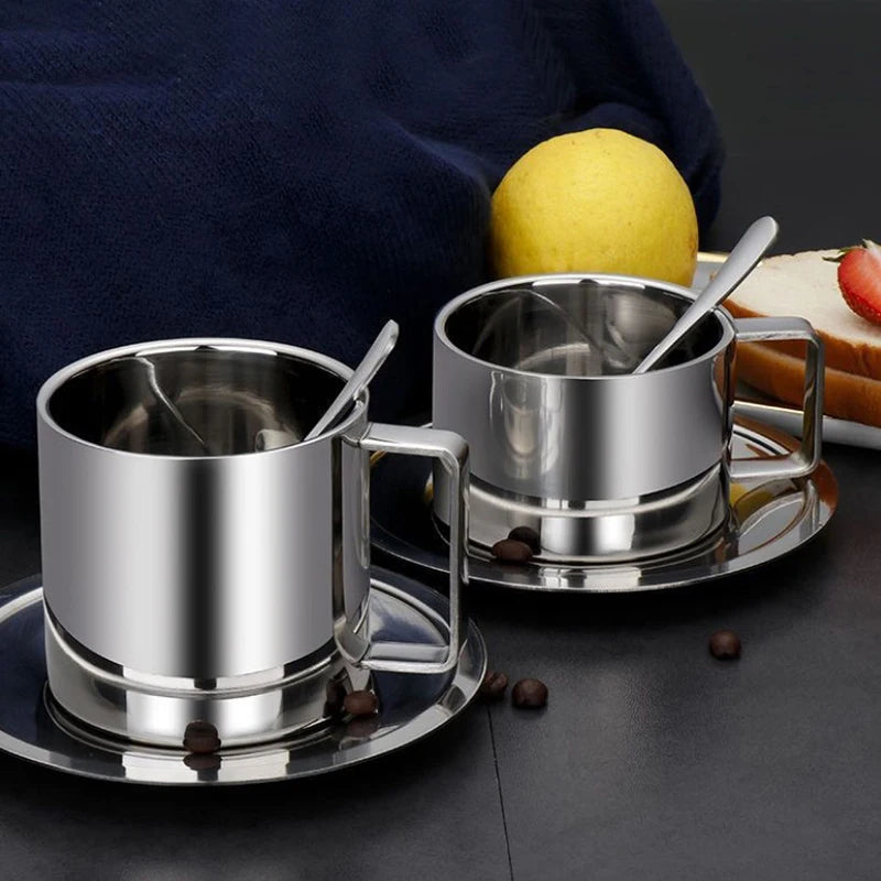 3pcs Stainless Steel Coffee Cup Set Double Walled Heat Resistant Mug With Saucer Spoon Drink Tableware Kitchen Cafe Accessories