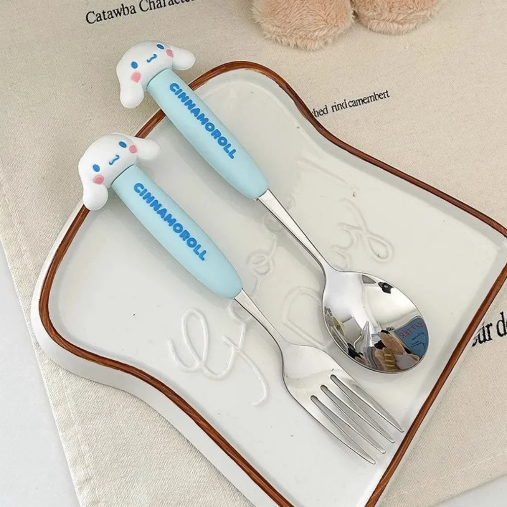 2Pcs/Set Sanrio Tableware Cute Cartoon Melody Cinnamoroll Students Stainless Steel Spoon Forks Two-piece Set Kitchen Supplies
