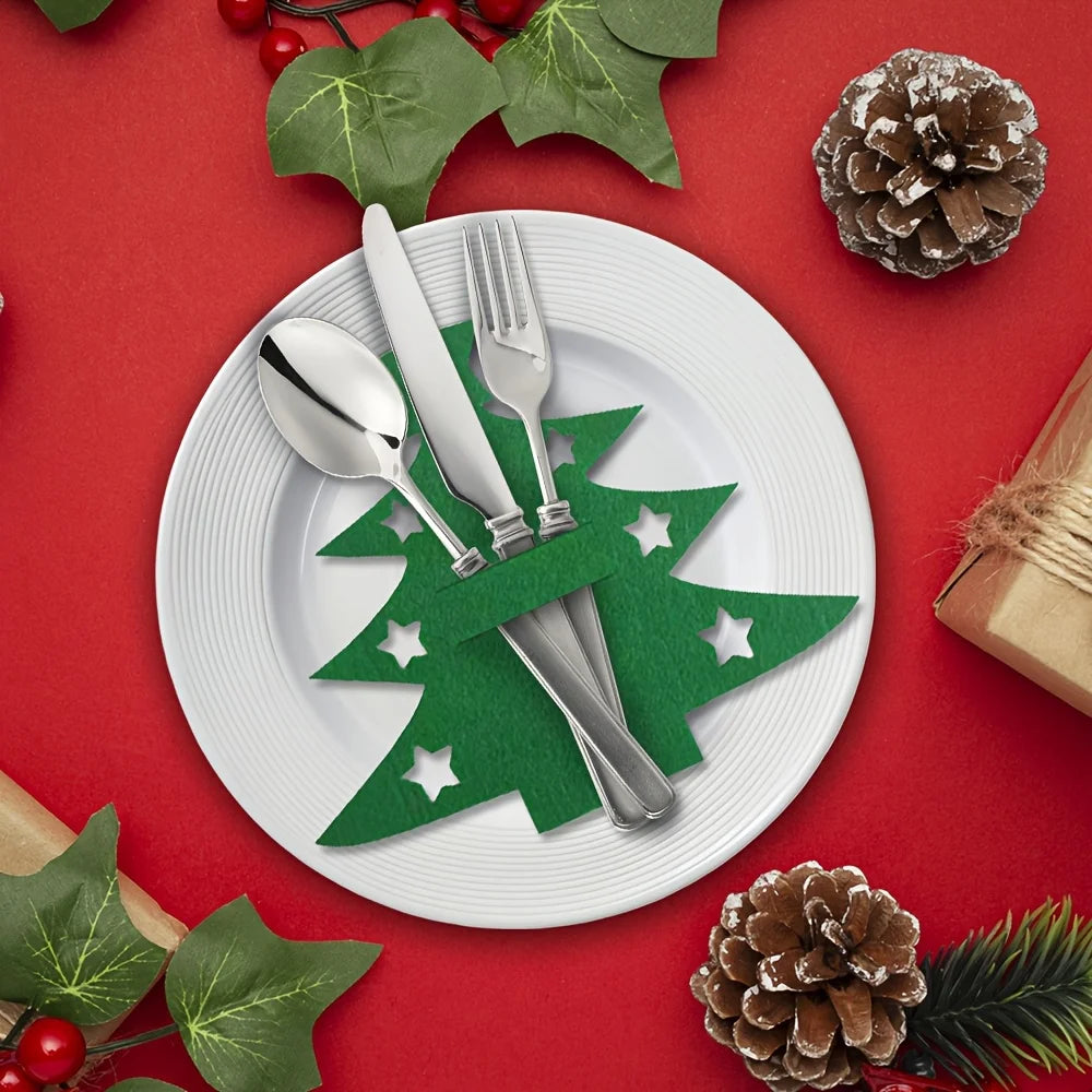 12pcs Christmas Tree Placemats Felt Fork and Spoon Bag Set Suitable for Christmas and Other Holiday Party Table Decoration
