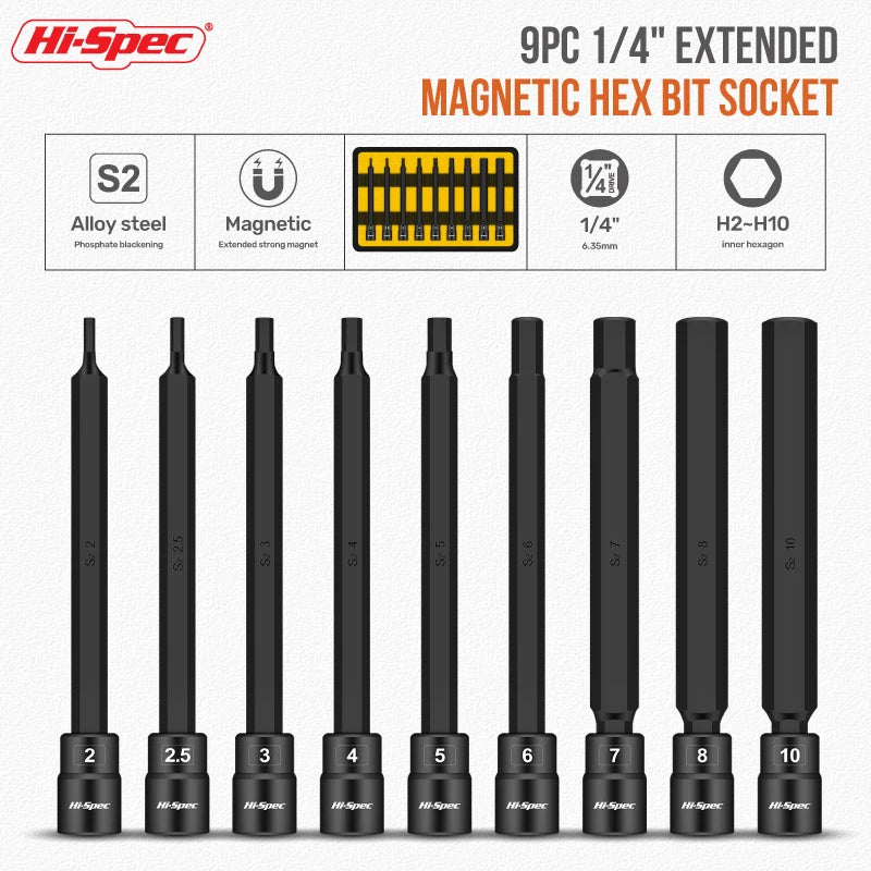 High Spec 1/4" Hexagon Socket Bit 9pcs Impact Allen Key Tool Power Hex Wrench Head SetInner Hexagonal Sleeve Screwdriver Bits