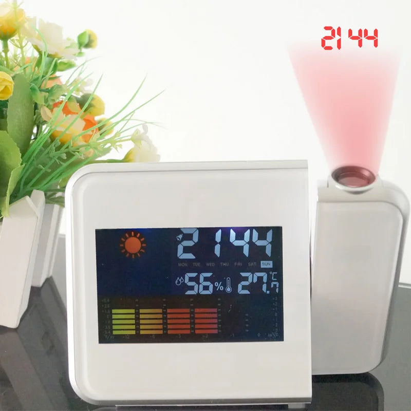 Digital Alarm Clock Wall Projection Weather LCD Screen Snooze Alarm Dual Laser Rotatable Clock Color Display Desk Watch