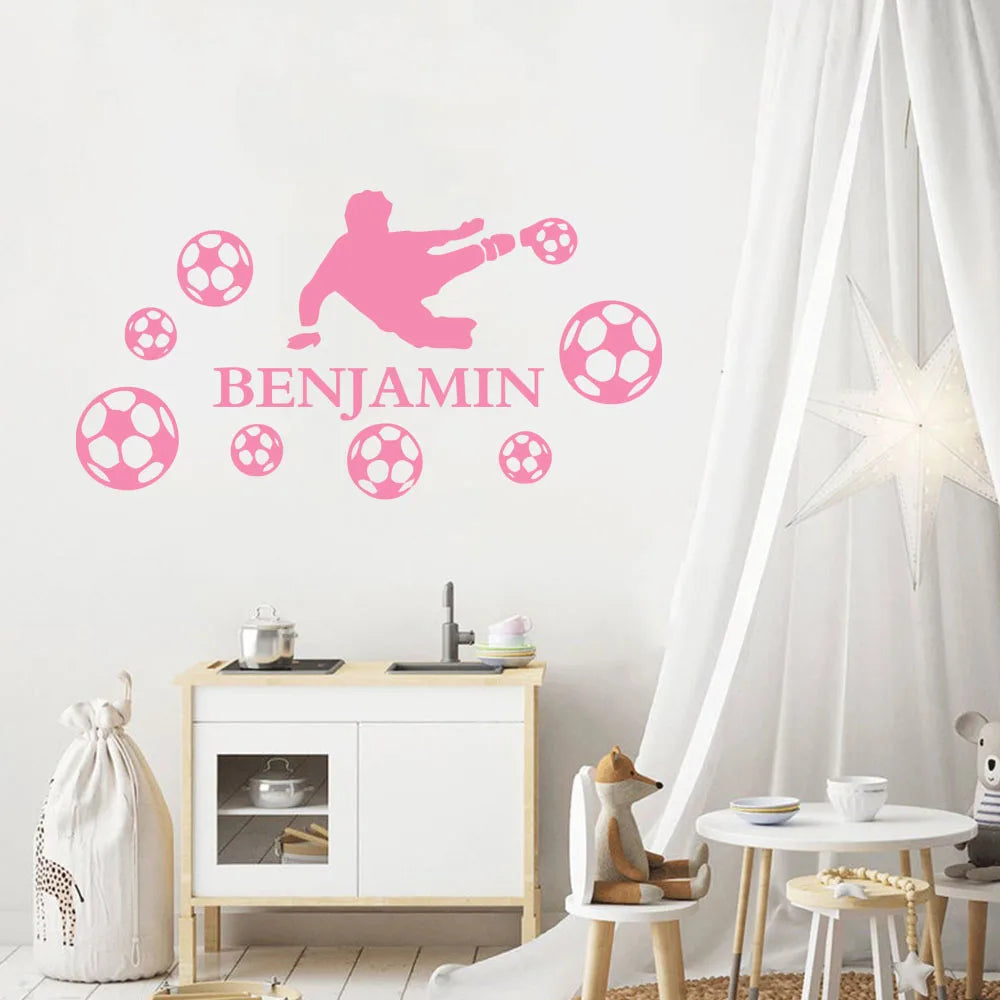1pc Fashion Custom Name Boy Playing Football Wall Stickers Waterproof Wall Art Decal Bedroom Decor Wall Decoration Murals