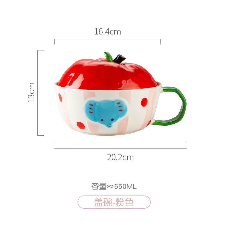 ‌Cute Apple Elephant Ramen Bowl-Microwave Safe Ceramic Tableware Set Cartoon Rice Noodle Dish Gift for New Home Pink Kitchenware