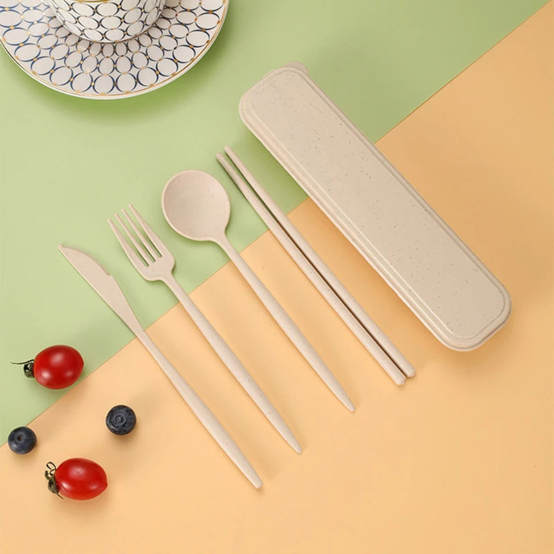 4Pcs/Set Portable Utensils With Box Healthy Eco-Friendly Wheat Straw Cutlery Reusable Chopstick Fork Knife Spoon Tableware Set