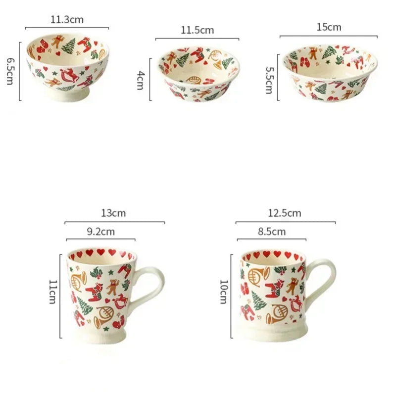Christmas Ceramic Tableware Retro Bowls Plates Water Cup Breakfast Dessert Noodle Bowls Coffee Milk Cup Microwaveable Xmas Gift