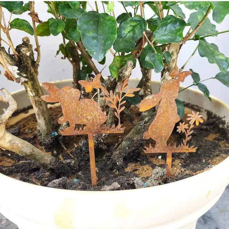 Iron Art Rabbit Garden Stakes Easter Rabbit Silhouette Set Outdoor Garden Backyard Decor Rabbit Figurine Flower Pot Grass Plugin