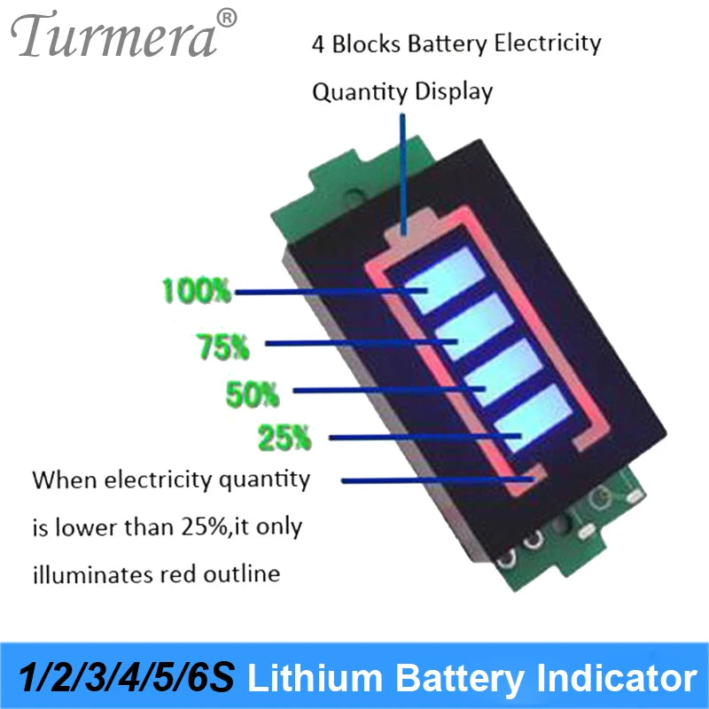 Turmera Battery Indicator LED Display 1S 4.2V 2S 8.4V 3S 10.8V 4S 14.4V 5S 18V 6S 25V 12V 24V 36V 48V for Screwdriver Drills Use