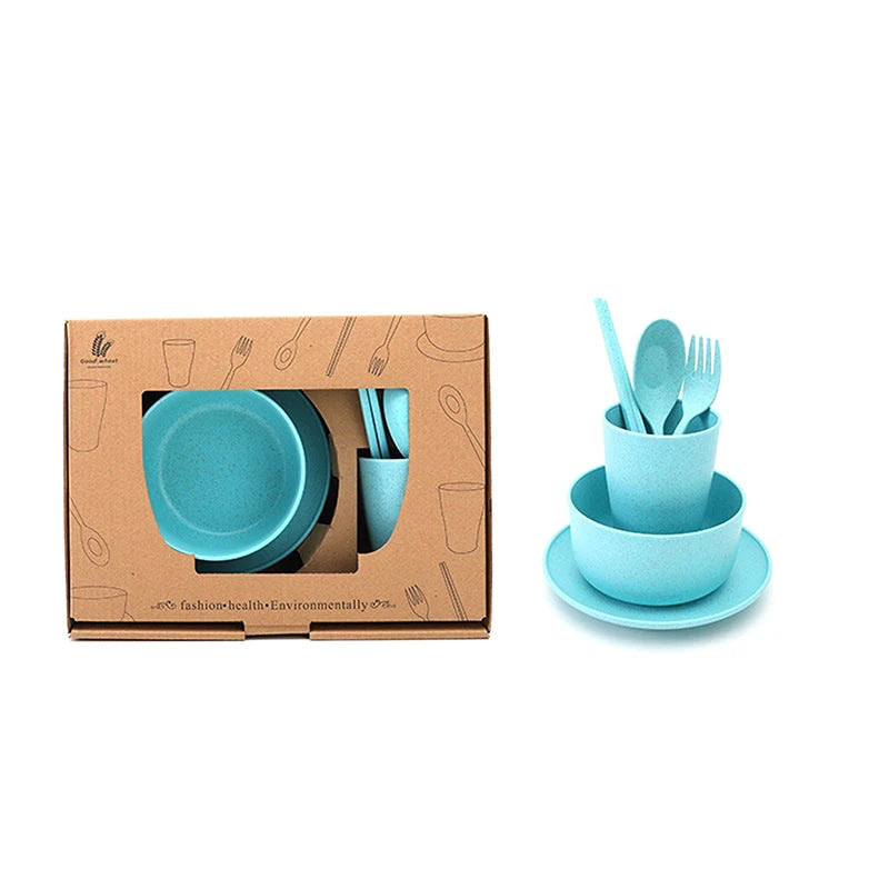 6 Pcs/Set Wheat Straw Baby Tableware Children Food Dishes Bowl Feeding Infant Learning Dinnerware Spoon Chopsticks Fork Cup New