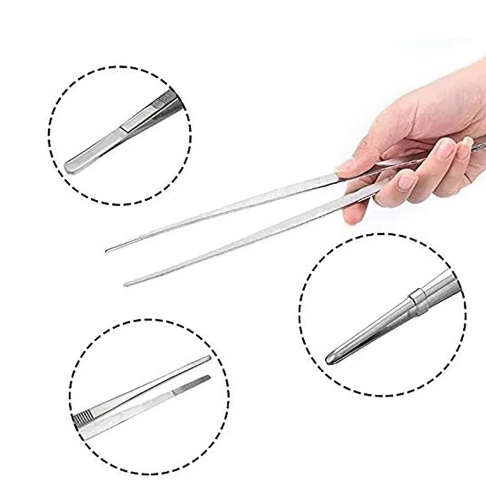 20CM/30CM Home Medical Garden Kitchen BBQ Tool Long Barbecue Food Tong Stainless Steel Straight Tweezer Toothed Tweezer