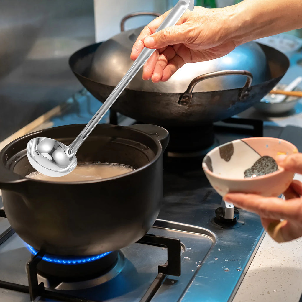 Stainless Steel Soup Ladle Heavy Duty Long Handle Deepened Design for Soup Porridge Beverages Kitchen Dining Hotel Home